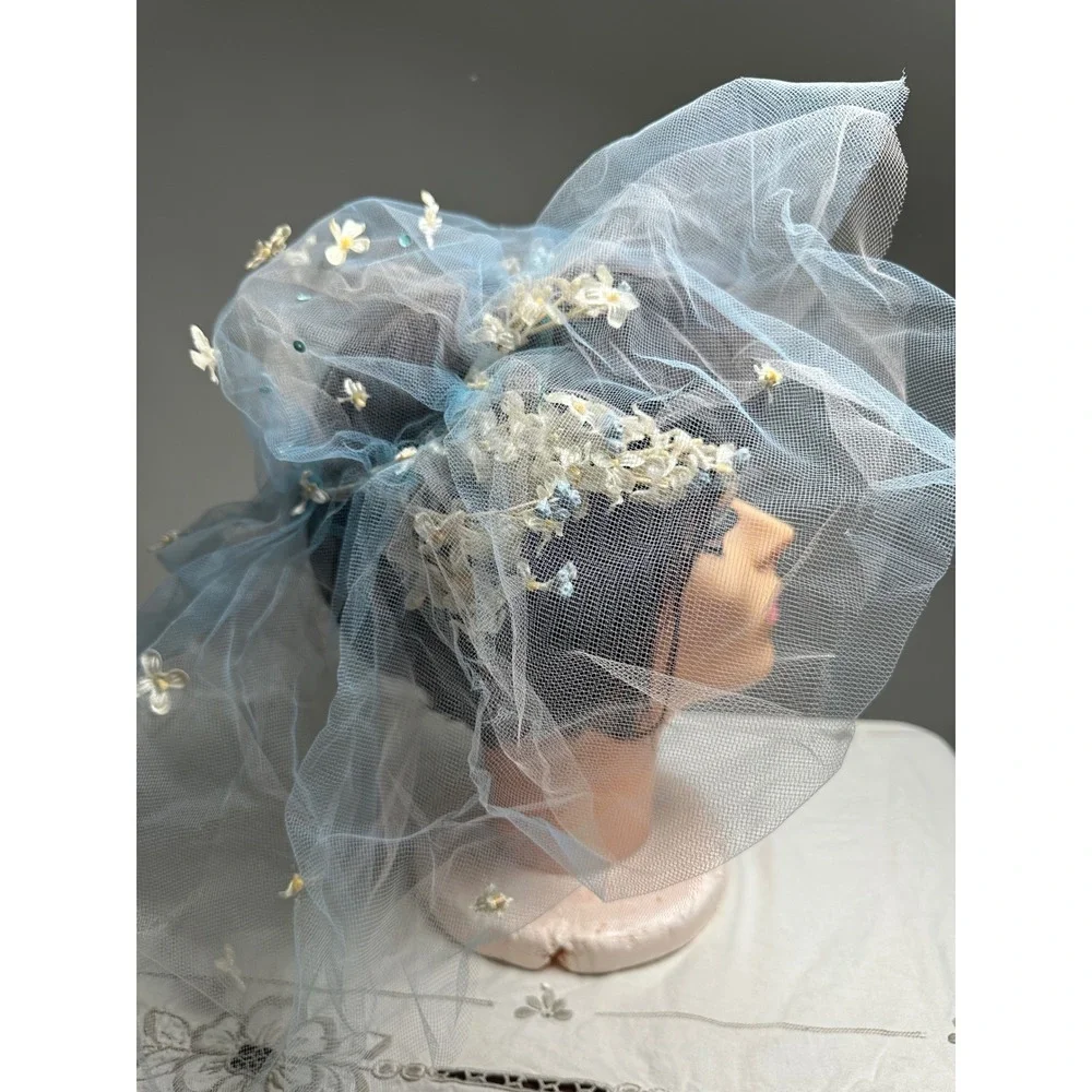 Vintage 1950s Wax Flower Fascinator Hat Crown Blue Veil Rizik Bros New York